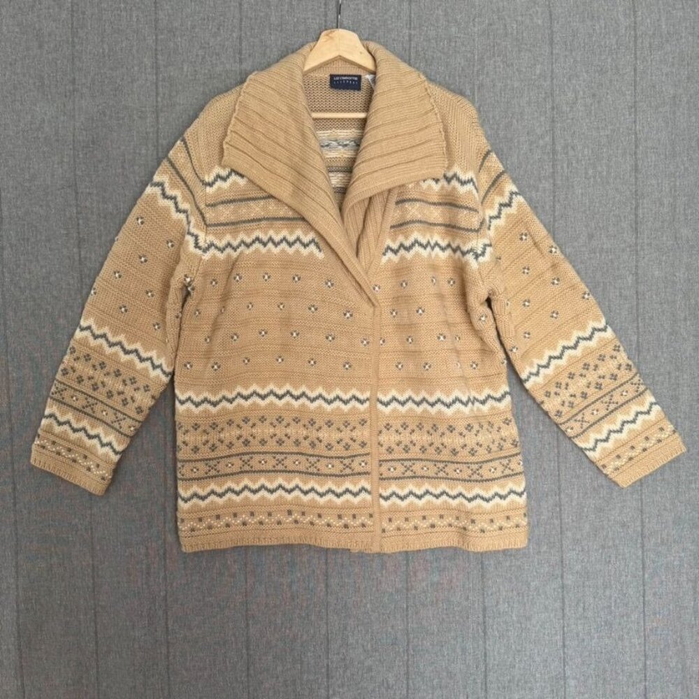 Vintage Liz Sport Tan Ivory Gray 100% Wool Fair Isle Open Front Cardigan Size M